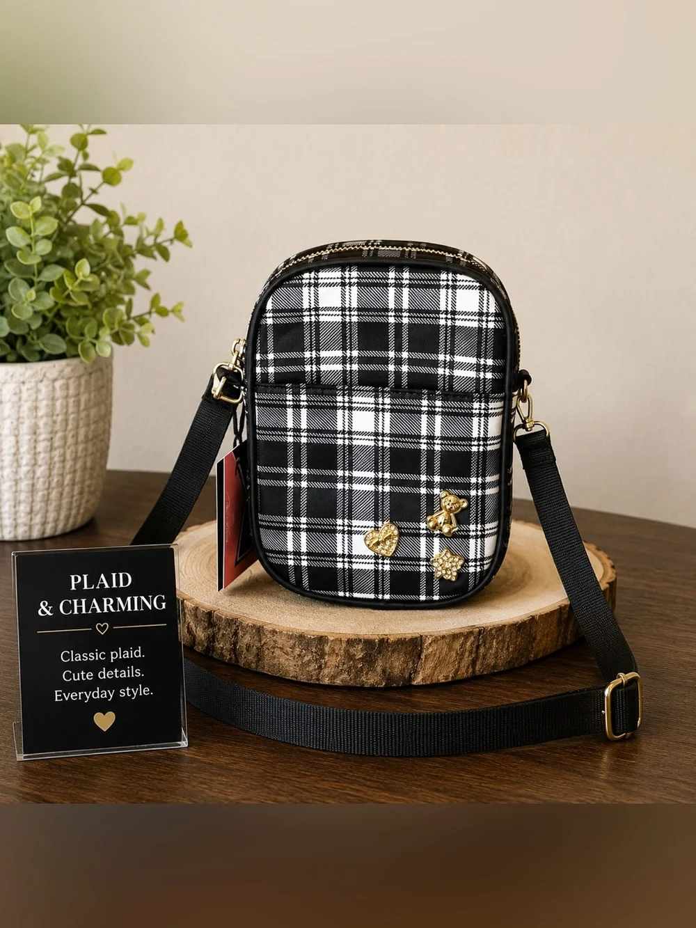 Plaid Black Crossbody Bag with Gold Accents New